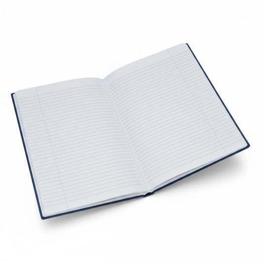 Open navy blue hardcover Register Day Book 02 Um Fp showing blank lined white pages spread flat