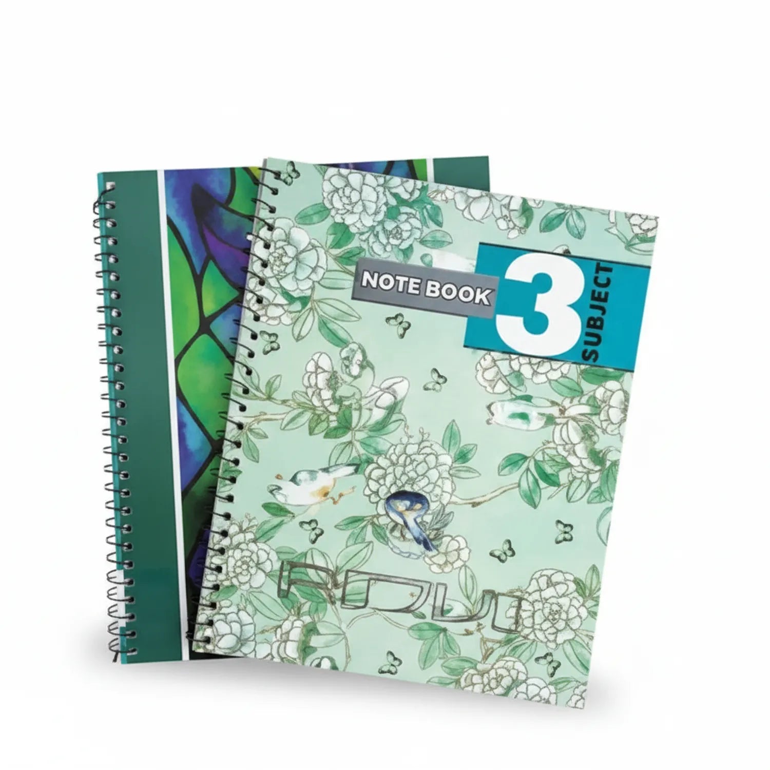 Three spiral-bound Register Day Book 03 Subject notebooks with mint green floral covers, white flowers, birds, and matching designs.