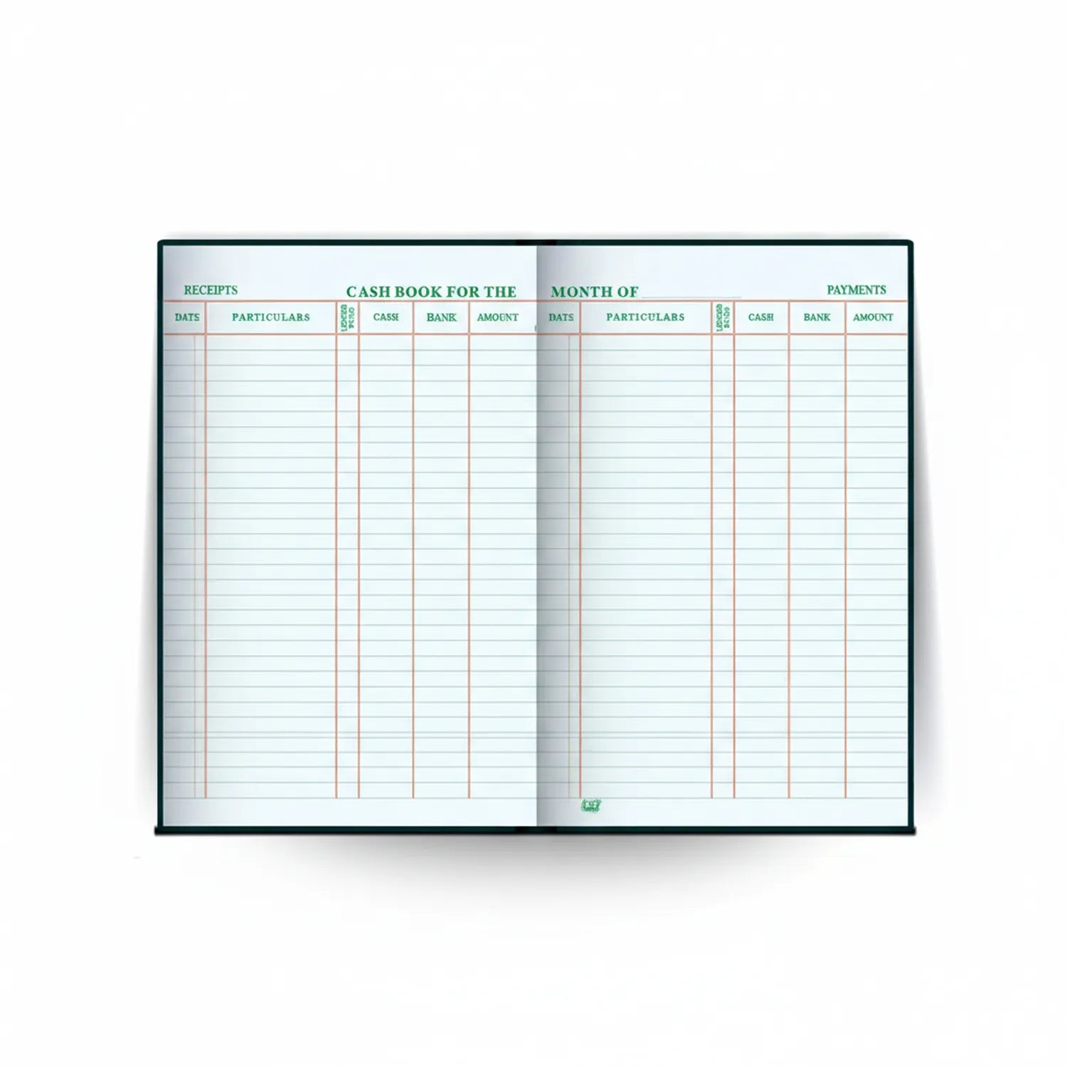 Register Day Book 04 Em - Open dual-sided cash book showing left page for Receipts and right page for Payments, with columns for dates, particulars, cash, bank, and amounts