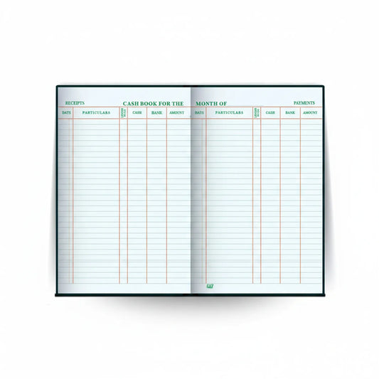 Register Day Book 04 Em - Open dual-sided cash book showing left page for Receipts and right page for Payments, with columns for dates, particulars, cash, bank, and amounts