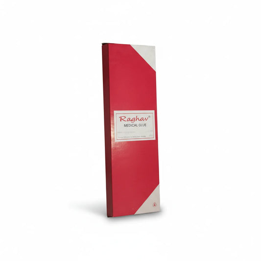 Raghav Medical Glue product box with red and cream packaging, white label, professional medical adhesive in tall rectangular box