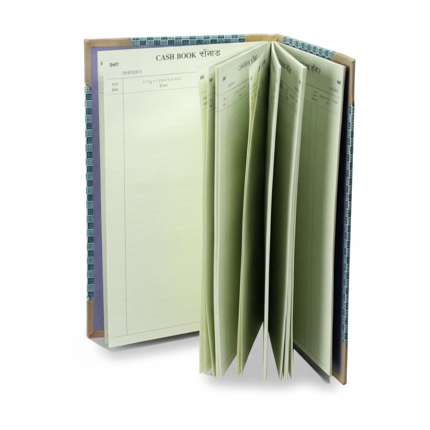 Register Day Book 04 UM bilingual cash book open showing cream pages with printed columns, hardbound with decorative cloth cover