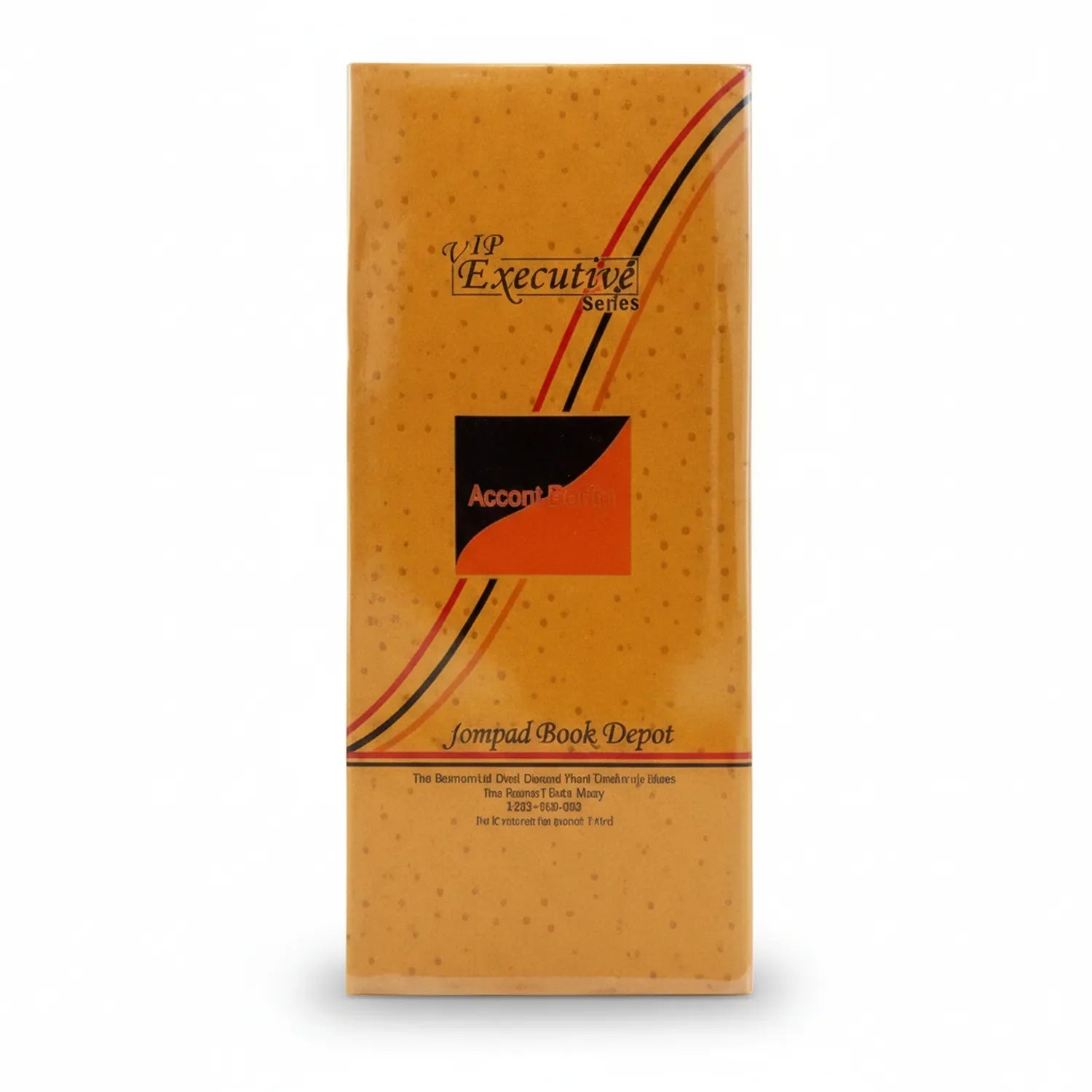 AMP Executive Series Register Day Book 04 with gold textured cover, red and black diagonal stripes, orange accent logo, and Jompad Book Depot branding