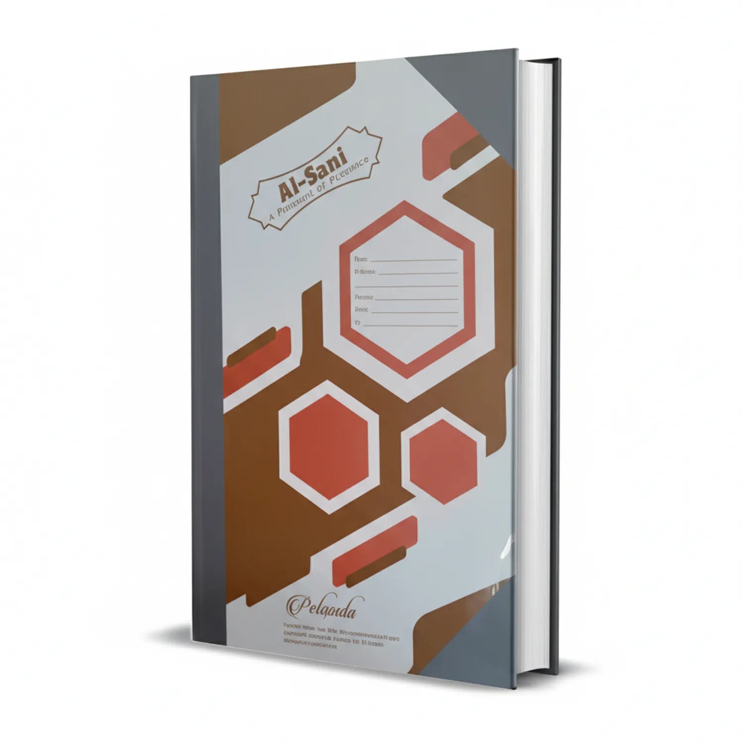 Al-Sani Register Day Book 05 Em Fp hardcover notebook with geometric red and brown hexagonal design and gray spine