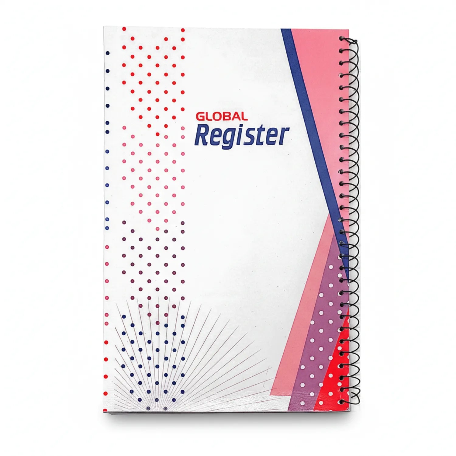 Global Register Day Book 05 spiral-bound notebook with red and blue geometric dot pattern design, pink cover, and navy binding.