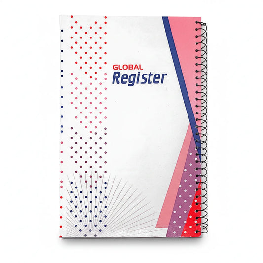 Global Register Day Book 05 spiral-bound notebook with red and blue geometric dot pattern design, pink cover, and navy binding.