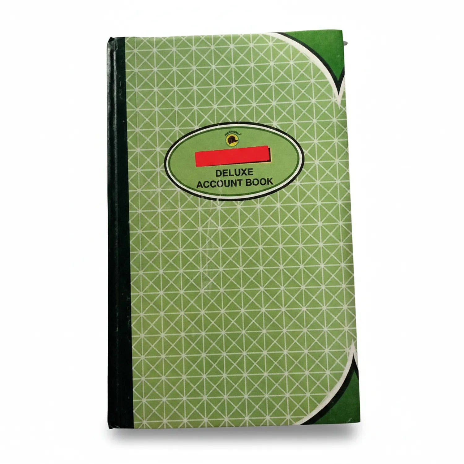 Green geometric patterned hardcover Deluxe Account Book Register Day Book 06 with oval label and red banner on cream and dark green cover