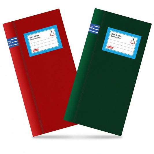 Two Camlin Register Day Books displayed - red and green hardbound covers with blue label windows and spine binding for daily record-keeping.