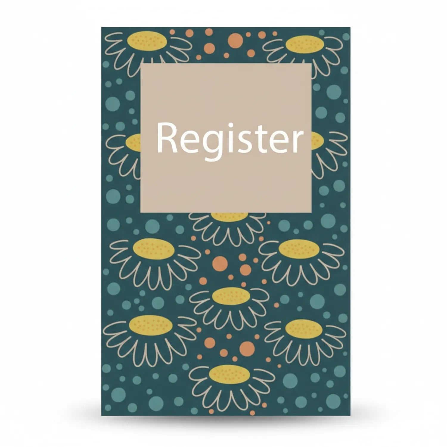 Register Day Book 08 Um hardcover journal with teal background, yellow daisies, orange dots, and beige content panel displaying product name