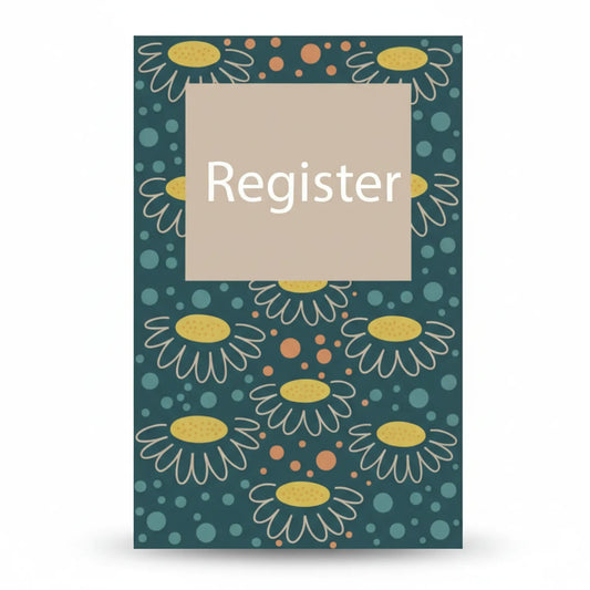 Register Day Book 08 Um hardcover journal with teal background, yellow daisies, orange dots, and beige content panel displaying product name