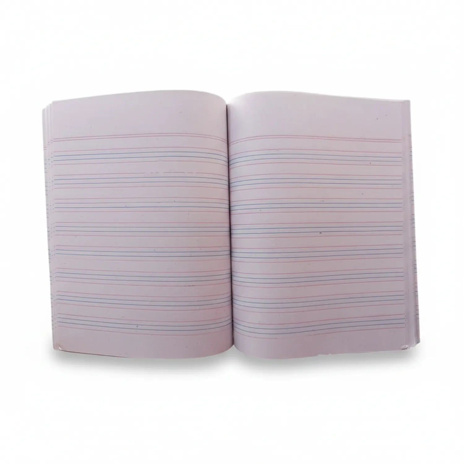 Register Fl pink hardcover notebook open showing multiple wide-ruled lined pages with blue and red horizontal lines on white paper