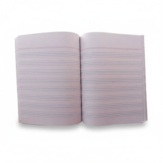 Register Fl pink hardcover notebook open showing multiple wide-ruled lined pages with blue and red horizontal lines on white paper