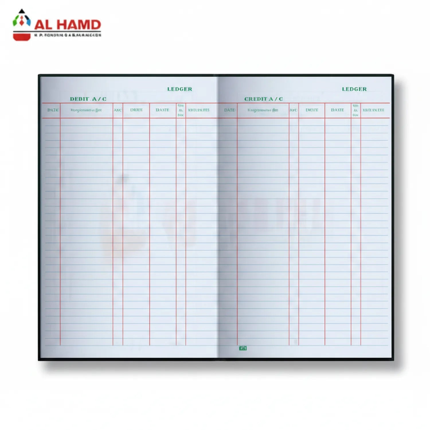 Al Hamd Register Ledger 01 Em Fp open book showing dual debit and credit account pages with organized columns for date, particulars, and amounts