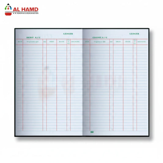 Al Hamd Register Ledger 01 Em Fp open book showing dual debit and credit account pages with organized columns for date, particulars, and amounts