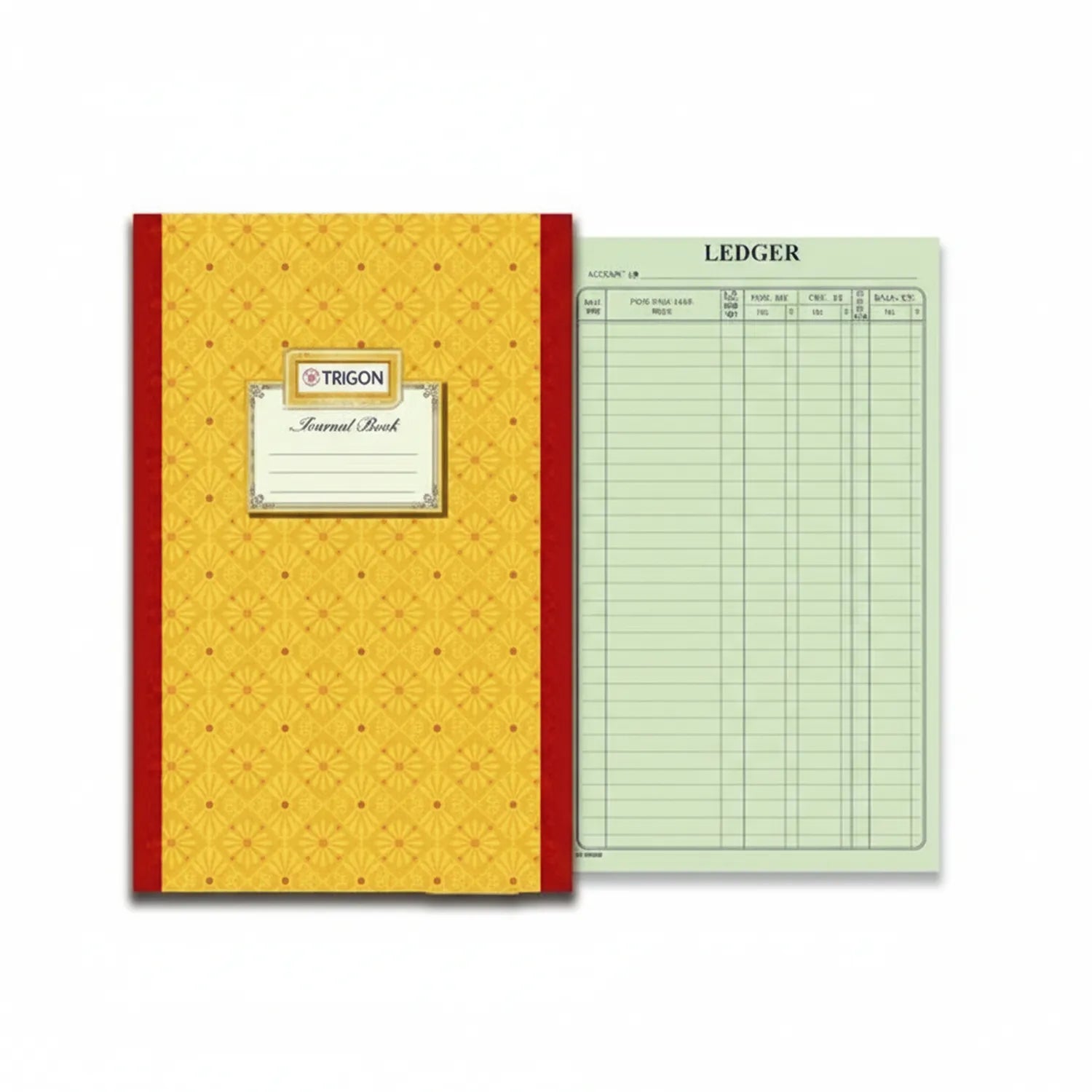 Trigon Register Ledger Book with yellow hardcover and red spine, displayed with open ledger pages showing columns for accounting entries