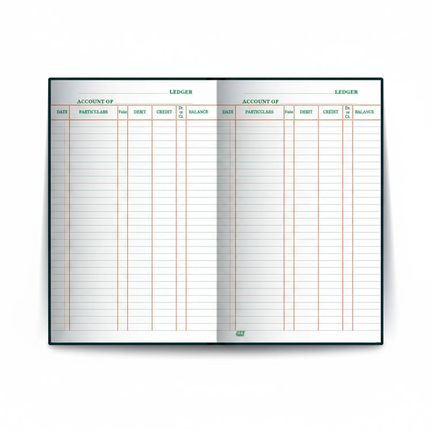 Register Ledger 02 open book showing dual accounting pages with columns for Date, Particulars, Debit, Credit, and Balance entries