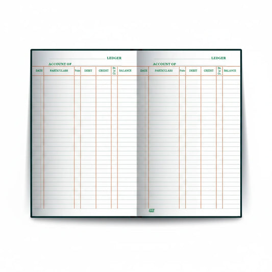 Register Ledger 02 open book showing dual accounting pages with columns for Date, Particulars, Debit, Credit, and Balance entries