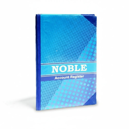 Noble Account Register blue hardcover ledger book with geometric dotted design pattern and white text label on cover