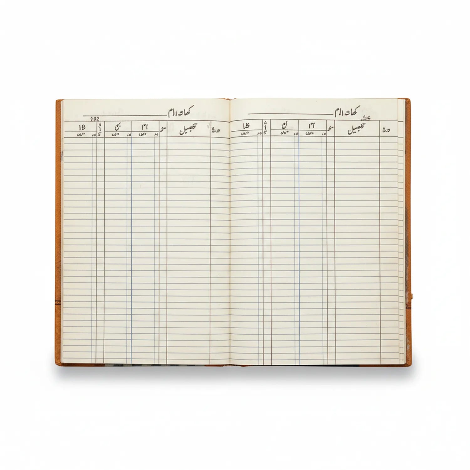 Register Ledger 04 Em Fp open ledger book showing cream pages with pre-printed grid columns and rows for accounting and financial record-keeping