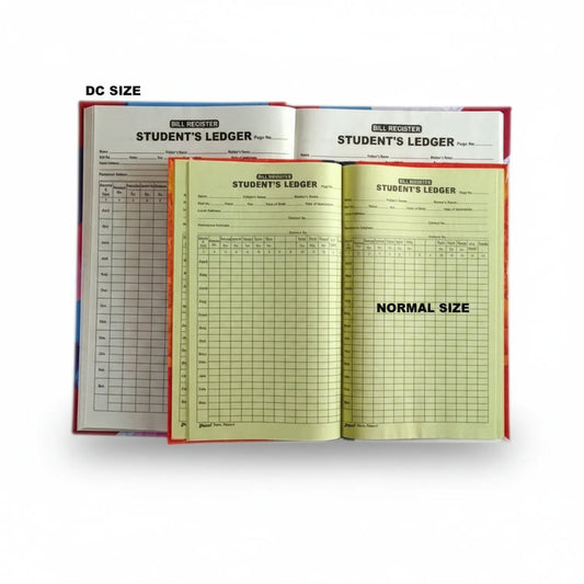 Bill Register Student's Ledger showing DC Size and Normal Size variants open side by side with yellow and cream colored pages displaying grid columns for record keeping