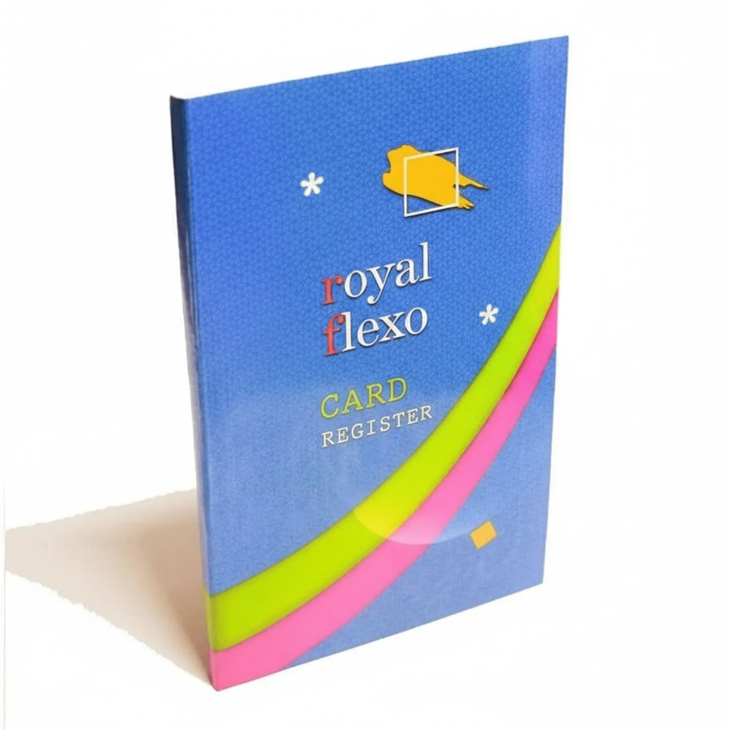 Royal Flexo Card Register Mix blue cover with yellow fish icon, neon yellow and hot pink diagonal stripes, white asterisks, card organizer book