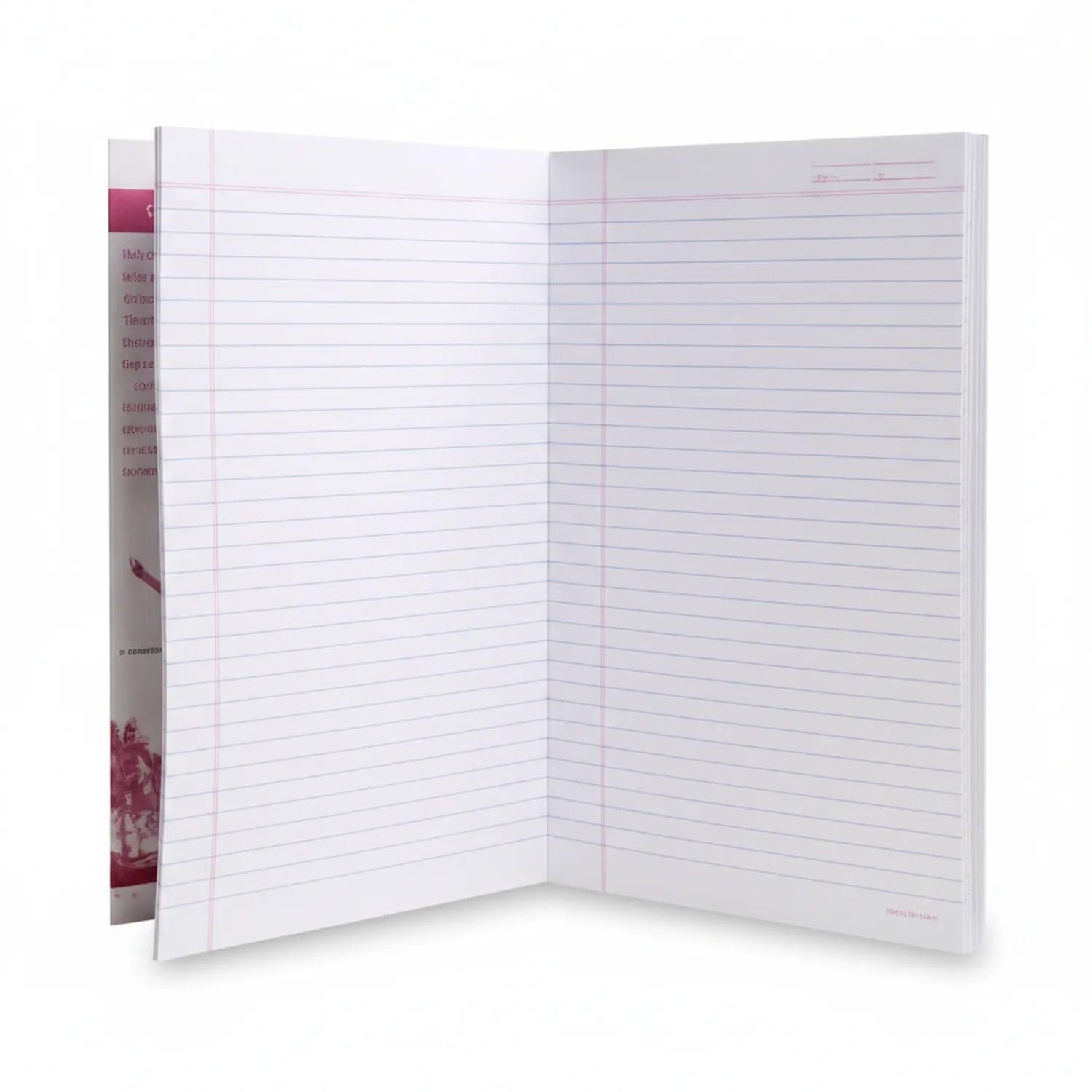 Register NL lined notebook open showing two pages of horizontal ruled lines with burgundy and white professional cover design