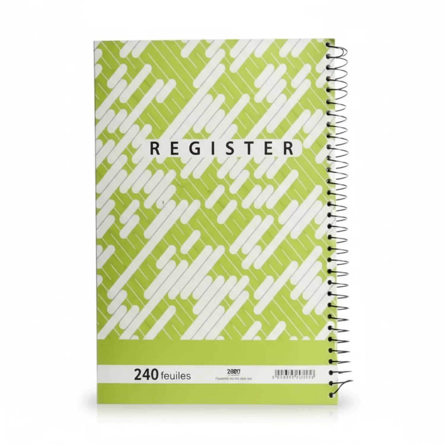 Register Nl Hard spiral notebook with 240 pages, featuring lime green and white geometric pattern hardcover, spiral binding on right side