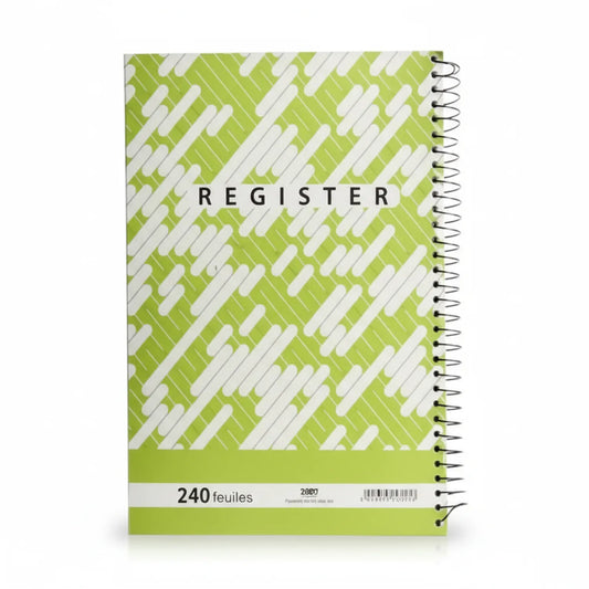 Register Nl Hard spiral notebook with 240 pages, featuring lime green and white geometric pattern hardcover, spiral binding on right side