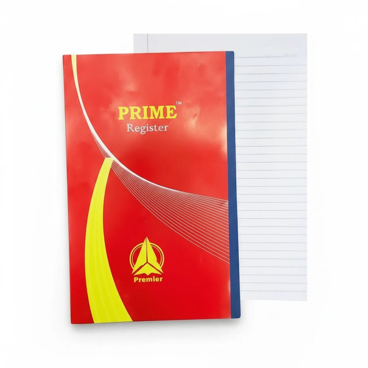 Prime Register Hard Cover Notebook No. 320 with red cover, yellow accents, Premier logo, showing open lined pages inside