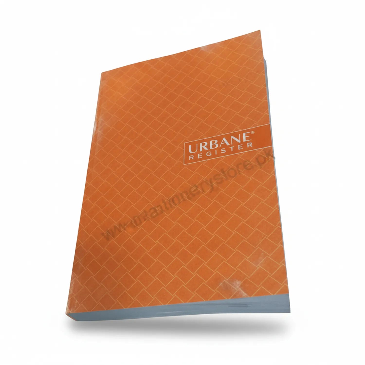 Urbane Register Hard No. 400 FP hardcover notebook with quilted orange cover and blue spine detail, displayed at an angle against white background