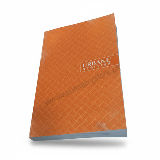 Urbane Register Hard No. 400 FP hardcover notebook with quilted orange cover and blue spine detail, displayed at an angle against white background