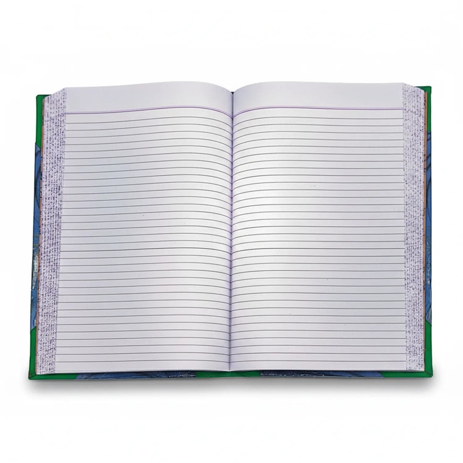 Open hardcover Register NL notebook with 480 pages of white lined paper, green and blue hard cover, centered layout view