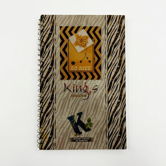 King's Register spiral notebook with zebra stripe cover, yellow and black chevron pattern, 70 sheets offset paper