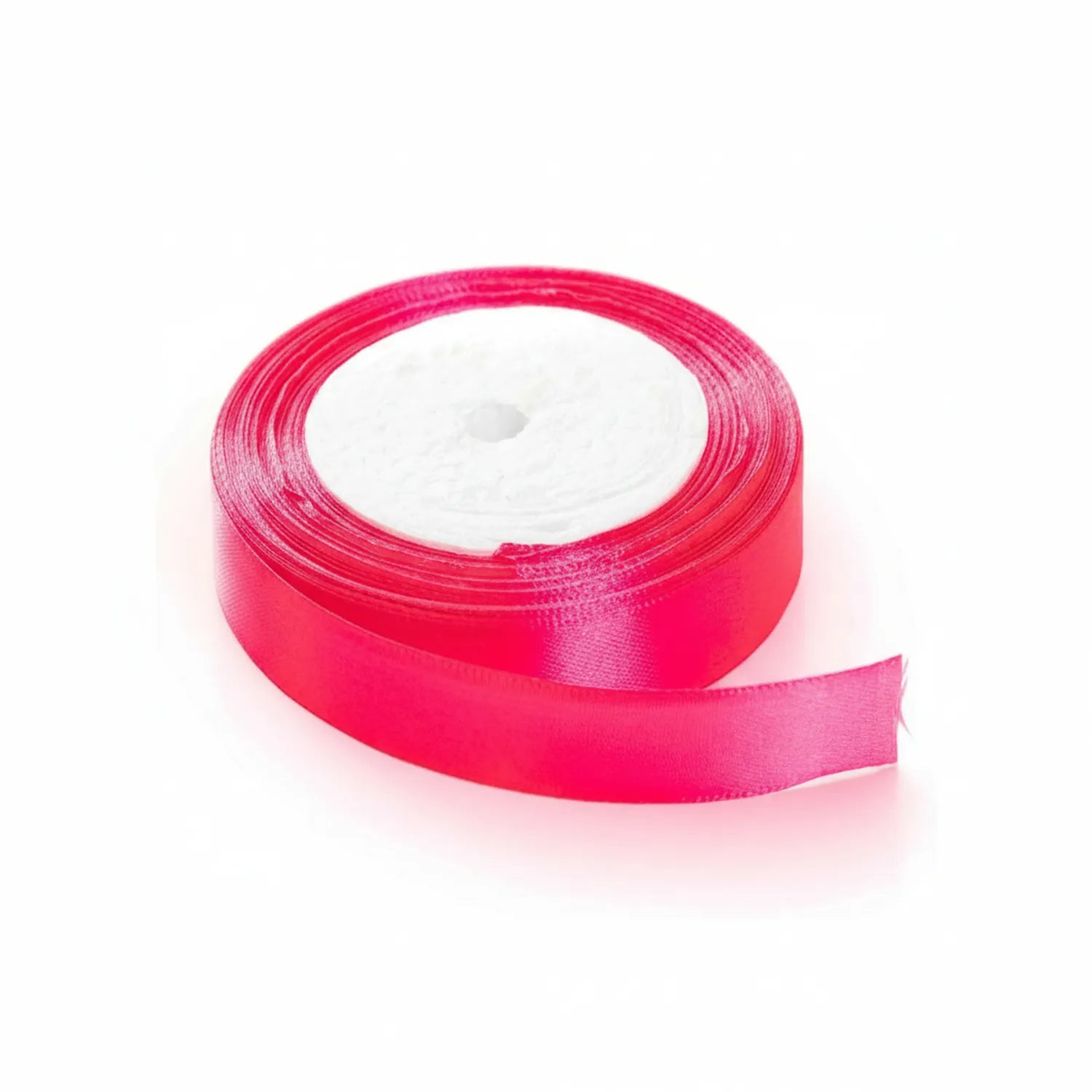 Hot pink satin ribbon 1 inch wide on white plastic spool, showing smooth lustrous finish and partial unraveled ribbon