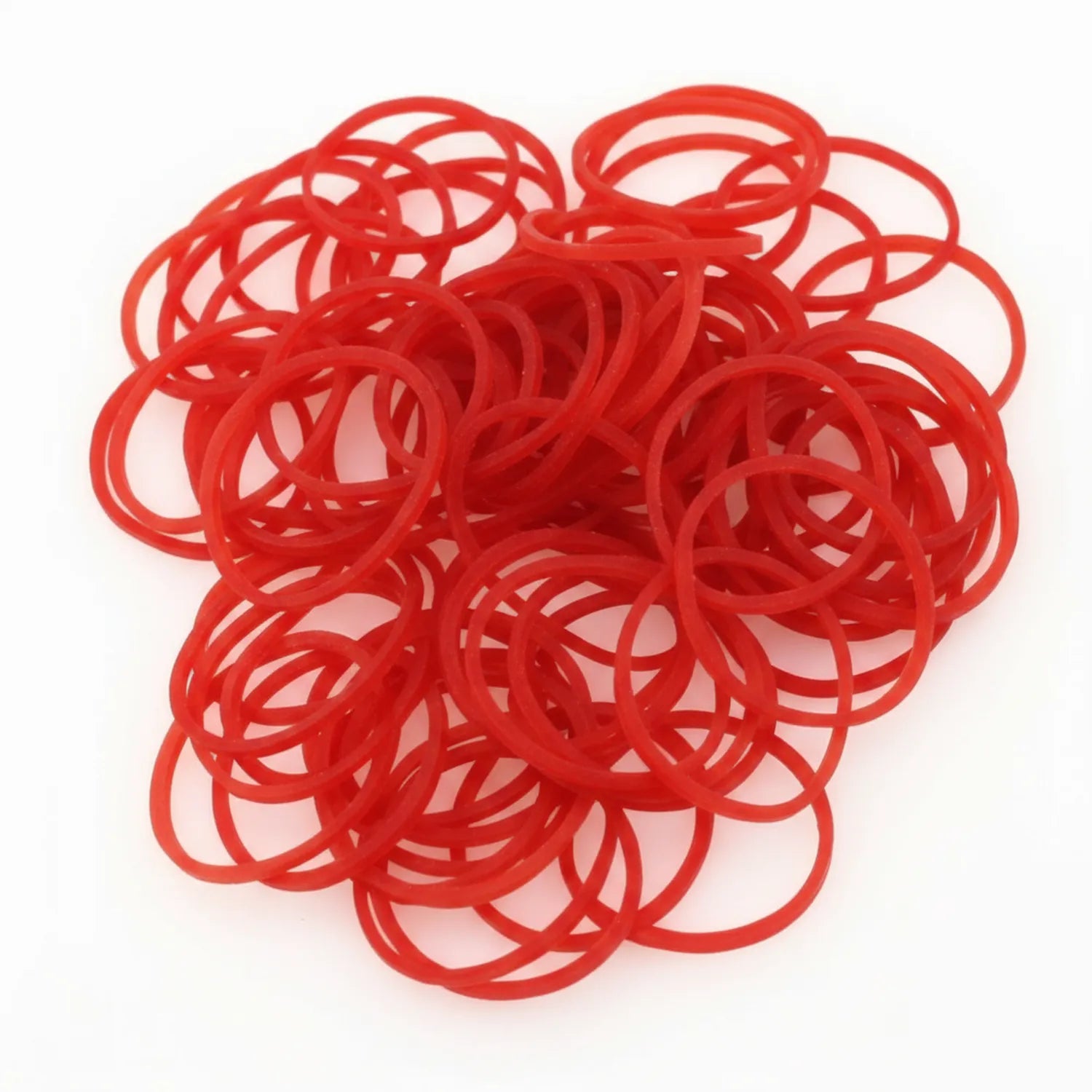 Rubber Band 001 - bundle of 50+ red elastic rubber bands in assorted sizes arranged in a clustered pile against white background