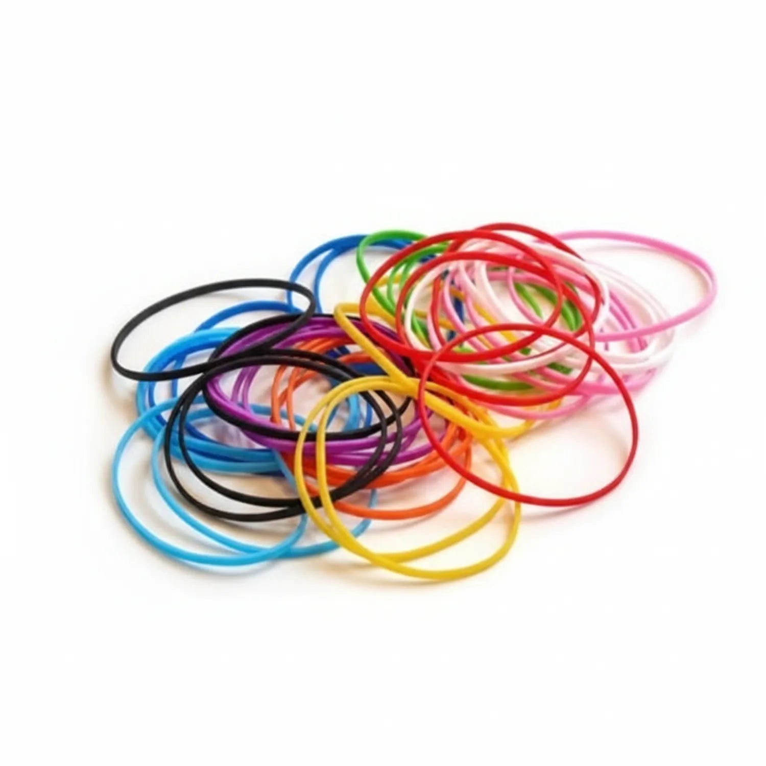 Assorted colorful rubber bands in blue, black, purple, orange, yellow, red, green, and pink displayed in overlapping circular arrangement