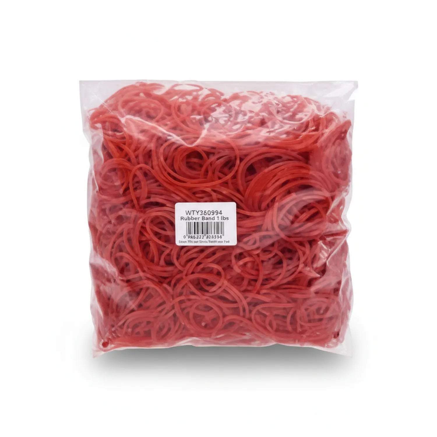 Clear plastic bag of red rubber bands 32mm size, 400g bulk pack, with product label WTY360994 visible on front