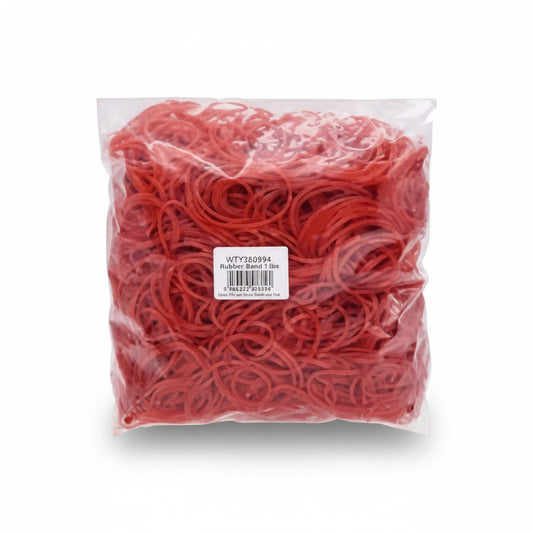 Clear plastic bag of red rubber bands 32mm size, 400g bulk pack, with product label WTY360994 visible on front