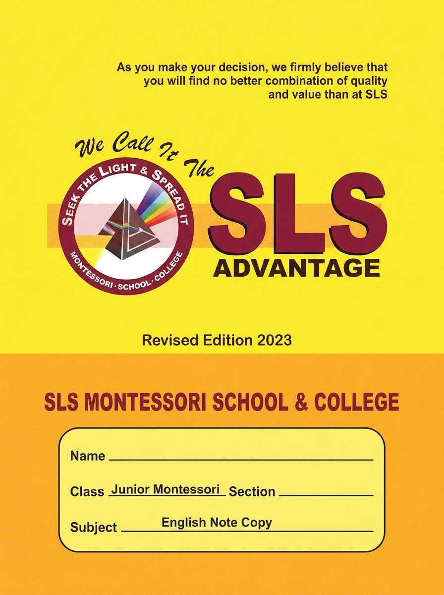 SLS Montessori English Note Copy workbook with yellow cover for Junior Montessori students, Revised Edition 2023