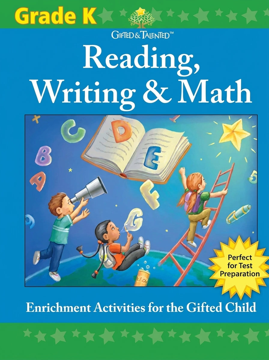 Gifted & Talented Grade K Reading Writing Math workbook with colorful illustration of children exploring with telescope and books