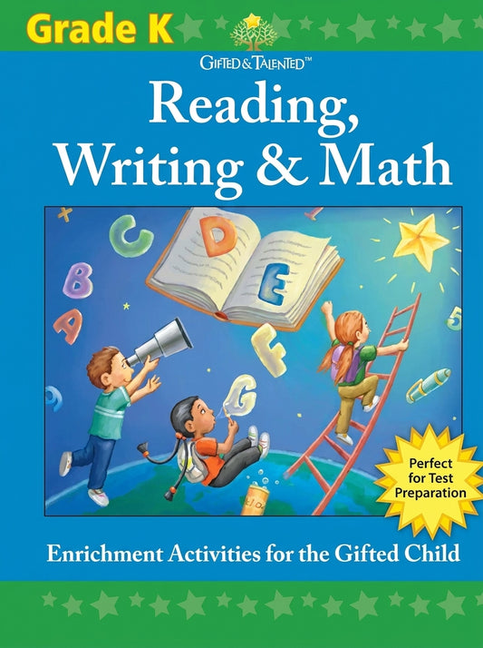 Gifted & Talented Grade K Reading Writing Math workbook with colorful illustration of children exploring with telescope and books