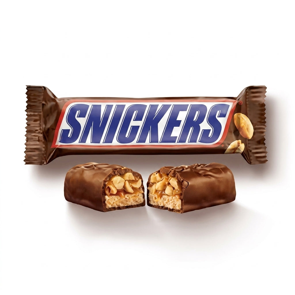 Snickers chocolate bar with wrapper and cross-section showing nougat, peanuts, and caramel filling