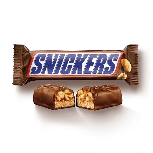 Snickers chocolate bar with wrapper and cross-section showing nougat, peanuts, and caramel filling