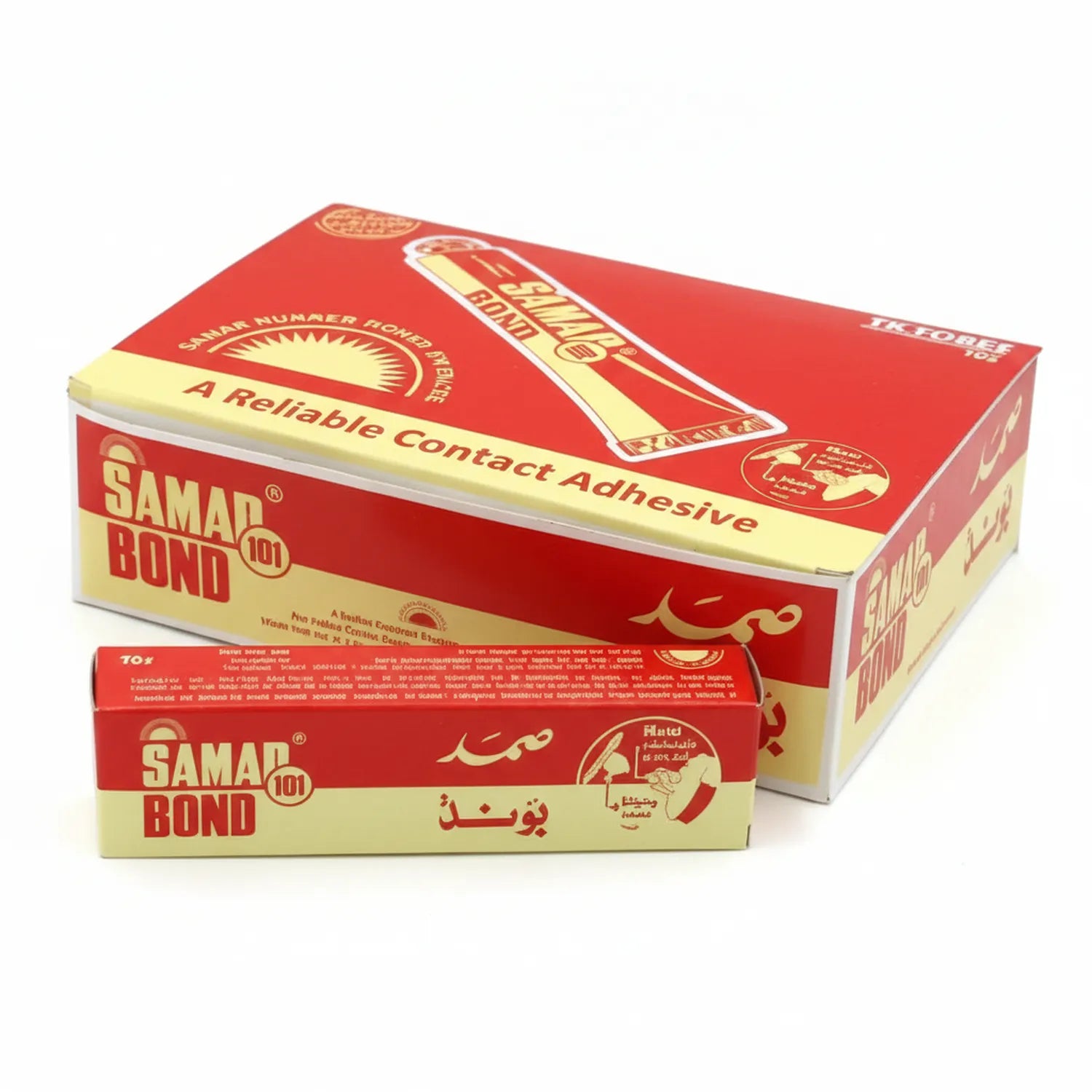 Samad Bond 101 contact adhesive box and individual stick package, red and cream colored packaging with Arabic and English text