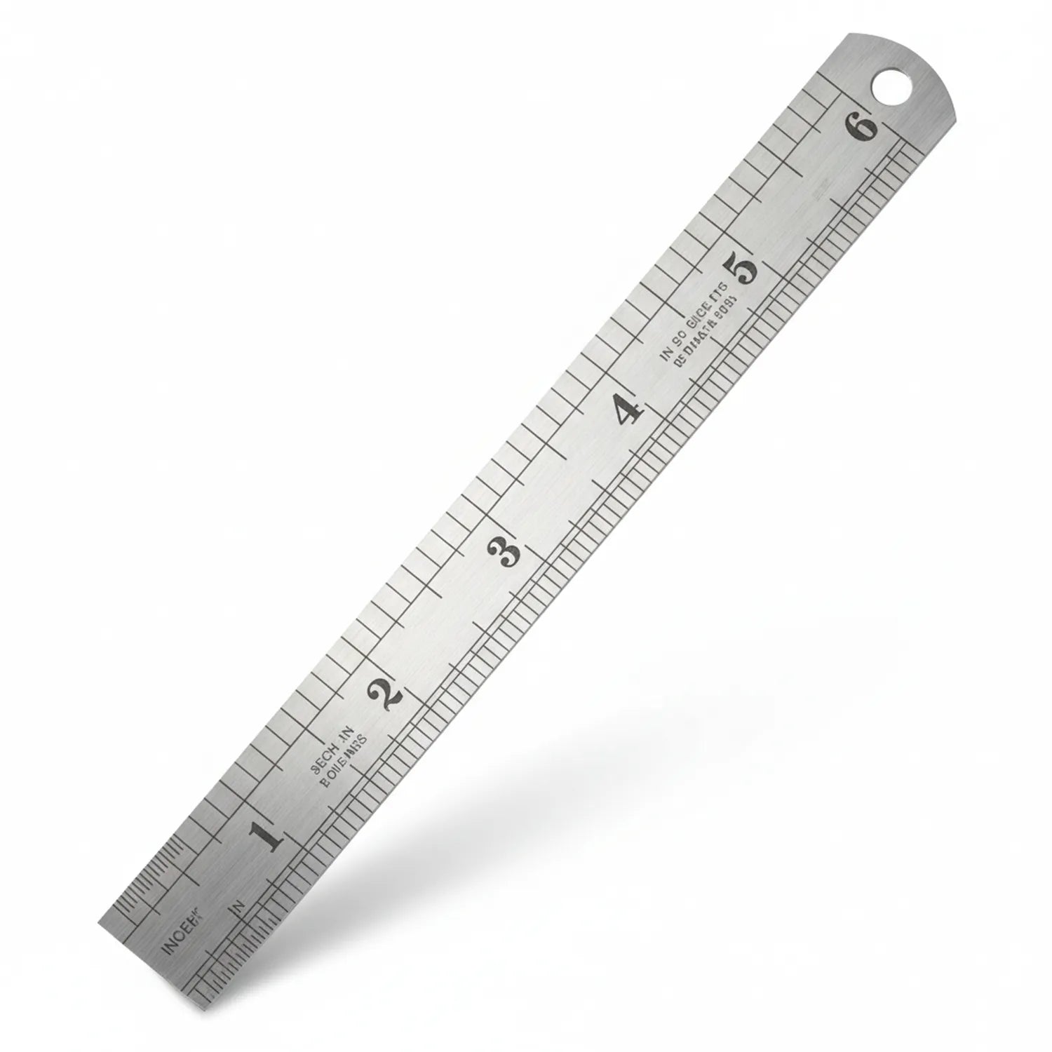 Silver metal 6 inch ruler with dual inch and metric scale markings, hole at top for hanging, precision measuring instrument