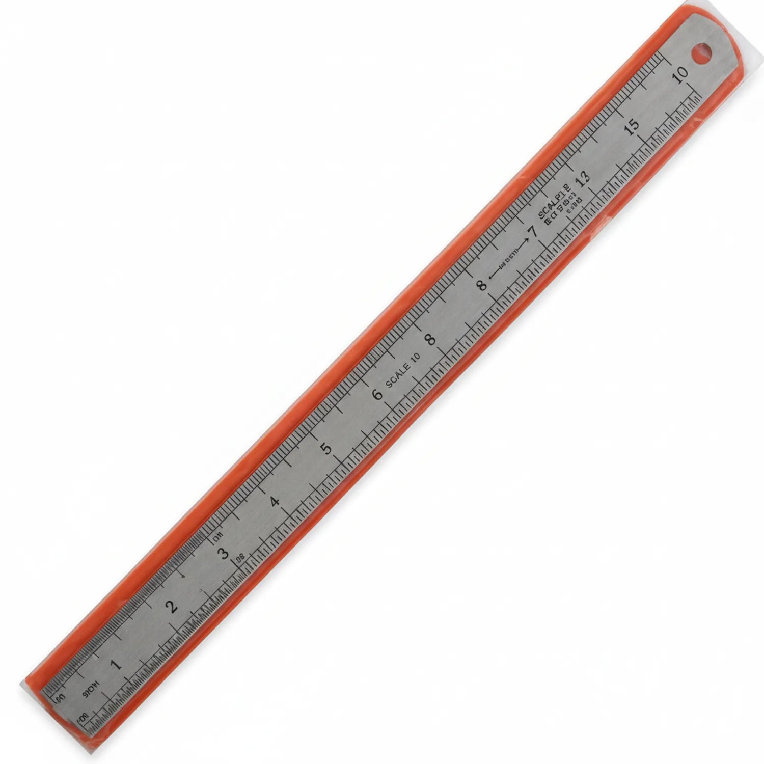 Scale Steel 12 Inch Ruler with orange frame, showing dual measurement scales in inches and metric units on gray steel surface