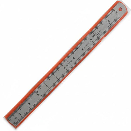 Scale Steel 12 Inch Ruler with orange frame, showing dual measurement scales in inches and metric units on gray steel surface