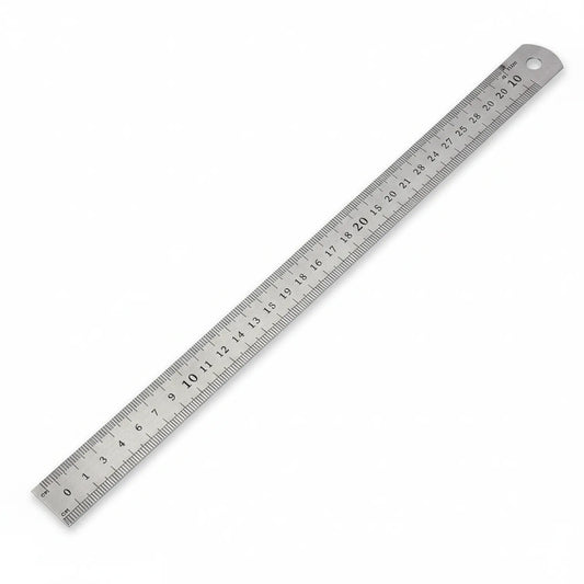 24 inch stainless steel ruler with metric and imperial markings, showing numbered increments from 0-30cm, ideal for precise measuring and drafting work