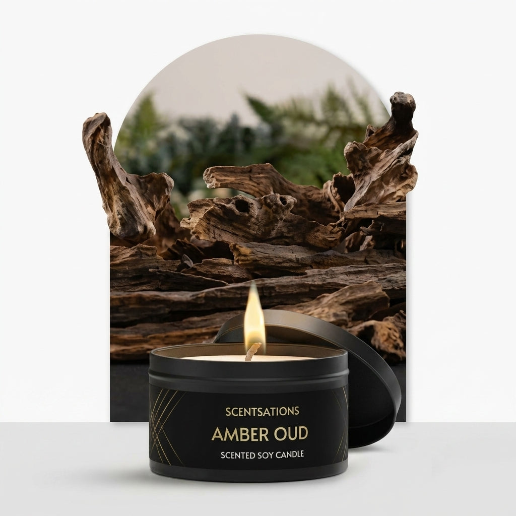 Scentsations Amber Oud scented soy candle in black tin with lit flame, displayed with driftwood backdrop