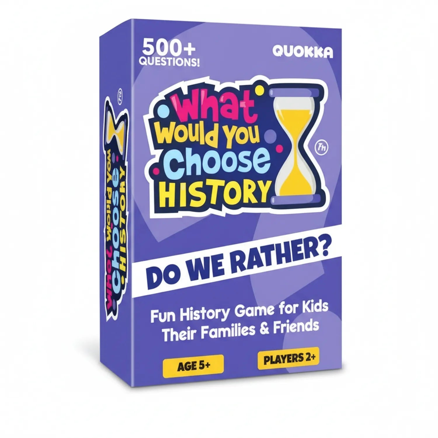 Quokka What Would You Choose History game box - 500+ questions, ages 5+, 2+ players, purple packaging with hourglass design